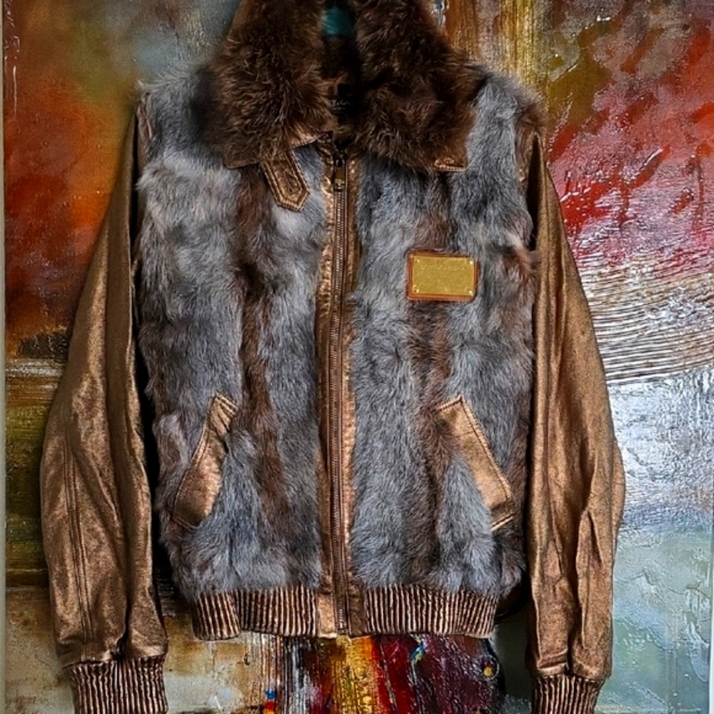 Dolce & Gabbana Vintage Logo Zipped Fur & Leather Gold Bomber Jacket